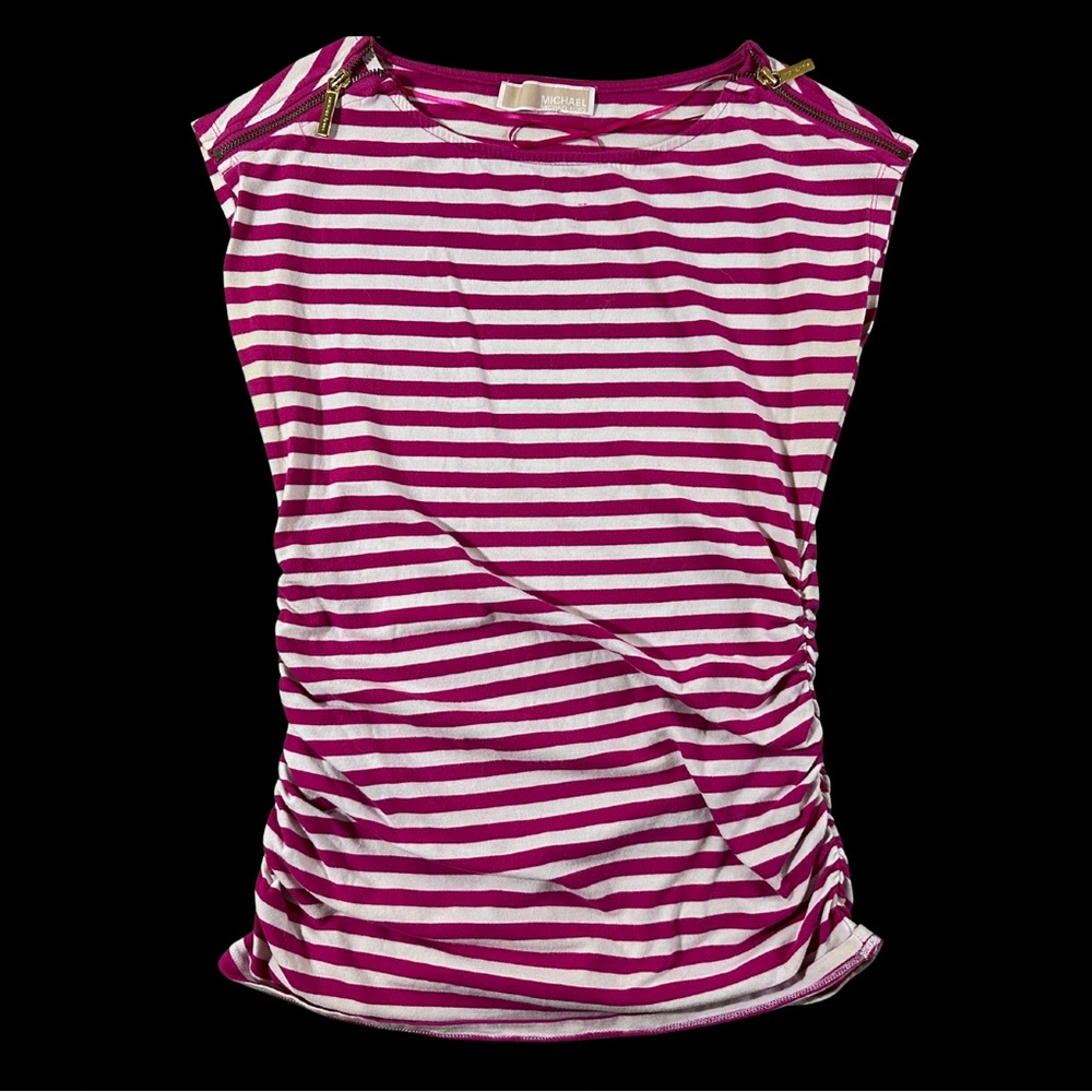 Michael Kors Pink and White Ruched Sleeveless Tank Top